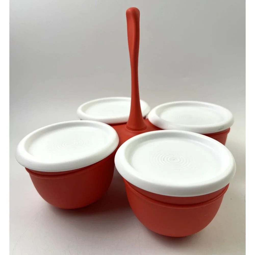 Tupperware Blossom Table Condiment Server Red With White Lids - Complete